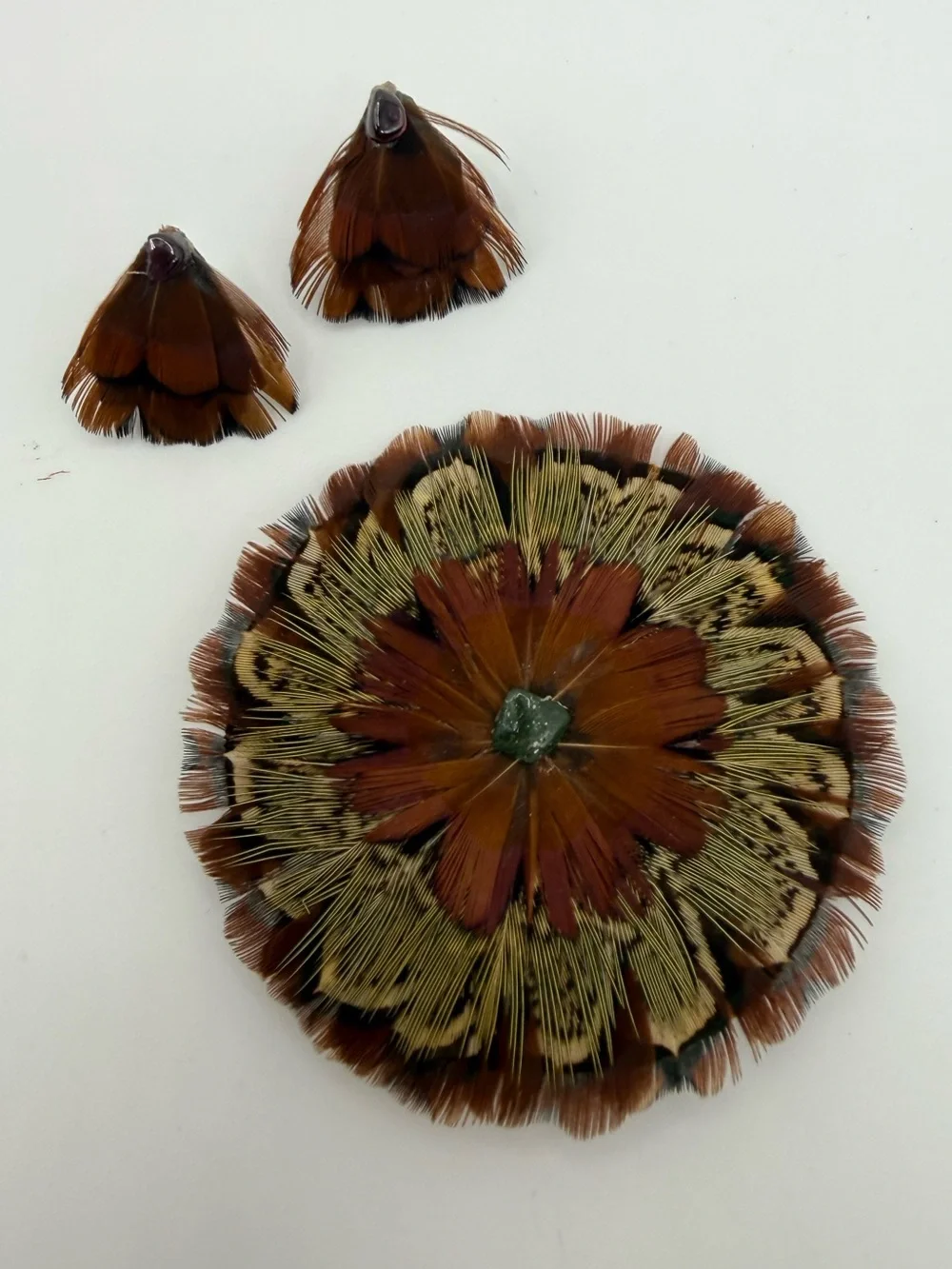 Vintage Pheasant Feather Brooch & Earrings Set Handmade Natural Feathers